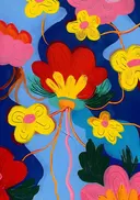 Pop-art schilderij van kleurrijke bloemen op blauwe achtergrond