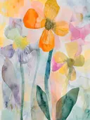 Aquarel van oranje, paarse en gele bloemen met lange stelen