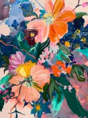 Kleurrijk bloemenboeket schilderij tegen een roze achtergrond