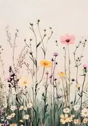 Kleurrijk bloemenveld in zachte pasteltinten, schilderij van een kleurrijk bloemenveld