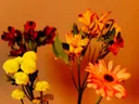 Boeket met rode alstroemeria, gele knopbloemen en een oranje gerbera tegen een warme achtergrond.