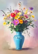 Schilderij van een bloemenboeket in een blauwe vaas