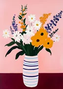 Boeket met madeliefjes en gerbera's in een gestreepte vaas
