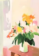 Schilderij van een kleurrijk bloemenboeket binnenshuis