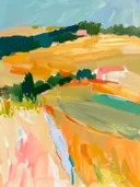Italiaans heuvellandschap schilderij, kleurrijke velden met boerderij en olijfbomen