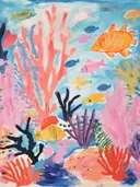 Schilderij van tropische vissen zwemmend tussen kleurrijk koraal onder water.