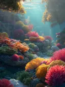 Schilderij van een zonovergoten koraalrif onder water