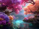 Schilderij van een kleurrijk bloesembos rond een heldere onderwatervijver