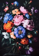 Schilderij van een kleurrijk pioenrozenboeket