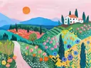 Schilderij van een kleurrijk Toscaans landschap met huisje en bloemenvelden