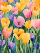 Aquarel tulpenveld met gele, roze en paarse tulpen tussen groene bladeren