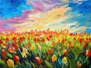 Kleurrijk tulpenveld onder roze wolken, schilderij van een kleurrijk tulpenveld