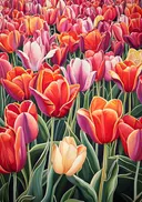 Kleurrijk tulpenveld, schilderij van een kleurrijk tulpenveld
