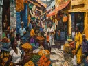 Drukke Afrikaanse marktstraat vol kleurrijke waren en mensen