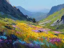 Schilderij van een bloemrijke alpenvallei in felle kleuren