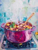 Schilderij van een roze kookpan met dampende bietenstoofpot met groenten op het fornuis.