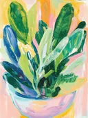 Schilderij van een kleurrijke bladplant in een pastelkleurige pot.