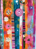Abstracte collage met kleurrijke verticale banen, bloemmedaillons en kleine bloemen in roze, oranje en turkoois.