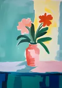 Schilderij van kleurrijke bloemen in een koraalkleurige vaas