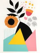Kleurrijke bloemencollage in geometrische vlakken, abstract schilderij
