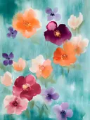 Collagestijl schilderij met paarse, magenta en oranje bloemen op een groenblauwe achtergrond