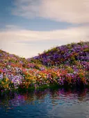 Glooiende heuvels bedekt met kleurrijke wilde bloemen, weerspiegeld in water