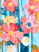 Koraalrode en gele bloemen op een achtergrond met gekleurde verticale banen