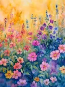 Roze, paarse en blauwe wilde bloemen in een weide tegen een gele avondlucht