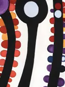 Abstract schilderij met zwarte bogen en kleurrijke stippen