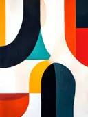 Abstract schilderij met boogcompositie in blauw en rood