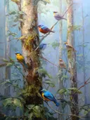 Schilderij van kleurrijke vogels op een boomtak in een mistig bos