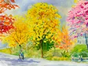 Schilderij van een kleurrijke boulevard met herfstbomen