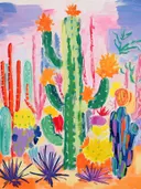 Schilderij van verschillende kleurrijke cactussen en woestijnplanten met bloemen.