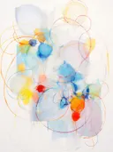Abstract aquarel met kleurrijke cirkels in blauw, oranje, geel en rood en dunne swirlende lijnen