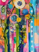Abstract kunstwerk met kleurrijke cirkels en zwarte krullende rankjes met blaadjes
