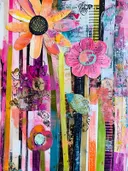 Mixed-media collage met grote oranje en roze bloemen op een gestreepte achtergrond