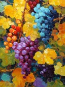 Stilleven schilderij van kleurrijke druiventrossen aan de wijnstok