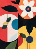 Abstract geometrisch bloemenschilderij in vier vakken met rood, oranje, geel en zwart, met een witte bloem en gestileerde bladeren