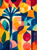Kleurrijk abstract schilderij met geometrische boom- en bladvormen