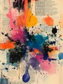 Abstract schilderij met kleurrijke verfspetters in roze, oranje, geel en blauw op krantenpapier