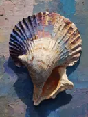 Close-up schilderij van een kleurrijke kammosselschelp