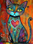 Kleurrijke kat met een groot rood hart op de borst tegen een oranje achtergrond