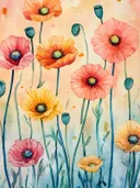 Aquarel schilderij van klaprozen in oranje, geel en roze op een zachte crème achtergrond