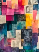 Abstracte collage met krantenknipsels en felle kleurvlakken in roze, oranje en groen