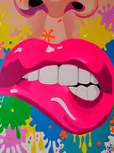 Pop-art close-up van roze lippen met kleurrijke verfspatten