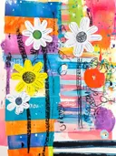 Abstracte collage met witte en gele madeliefjes op een kleurrijke gestreepte achtergrond