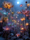 Schilderij van een kleurrijke bloemenweide met lichtgevende vlinders bij maanlicht