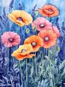 Aquarel van gele, roze en oranje papavers met paarse lavendel op een blauwe achtergrond