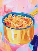 Schilderij van een gele kom met blauwe binnenkant gevuld met pastasalade en een lepel.