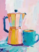 Schilderij van een kleurrijke percolator naast een turquoise mok koffie.